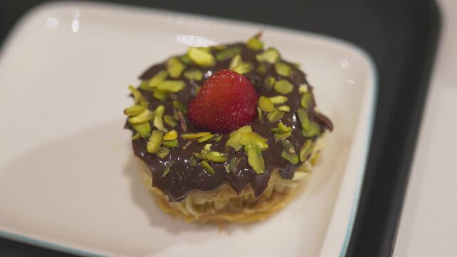 Gourmet Paris-Brest choux pastry filled with cream and fresh strawberries