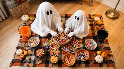Naklejka premium Two ghosts dressed in white sheets enjoy candies on a Halloween themed blanket. Concept Halloween, family fun, festive gatherings, candy celebration. Generative AI.