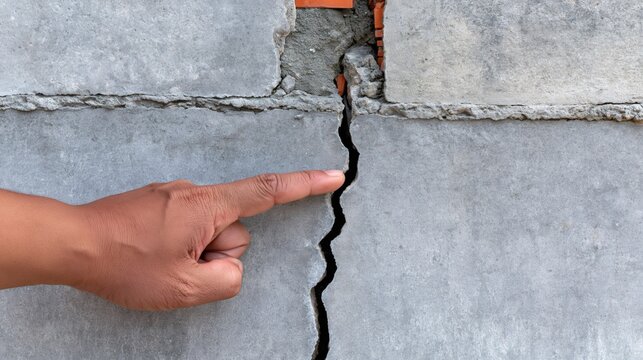 Hand pointing at structural concrete wall crack