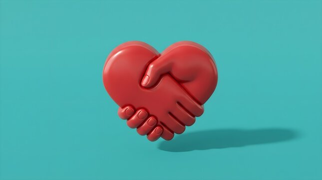 Heart handshake 3D render illustration. Red hand shake forming a heart shape on a turquoise background. Concept for partnership, love, business agreement, and charity collaboration.
