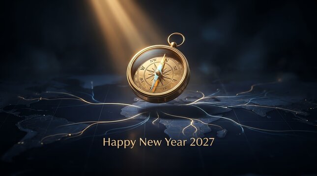 Golden vintage pocket watch floating above cracked dark ground for a happy new year 2027 celebration