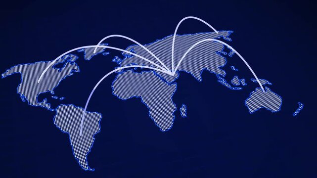 Dotted world map network animation connects global data nodes. International cyber communication links this world map network. Worldwide internet traffic routes across the world map network.