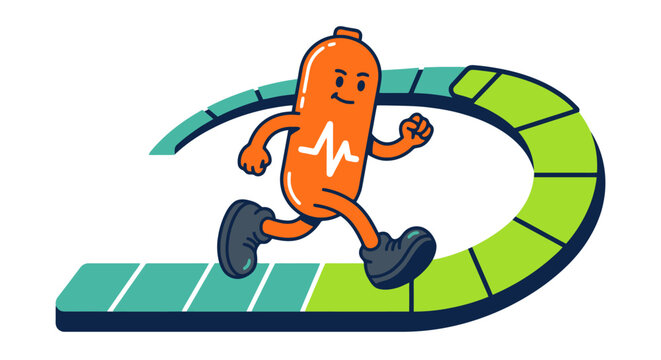 Cartoon character running on a treadmill in a flat vector style
