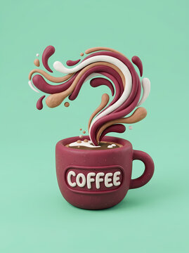 A stylized 3D clay render of a coffee cup with abstract liquid splashes.