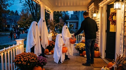 Naklejka premium A family dressed as ghosts is receiving candy on a decorated porch during Halloween. Concept of Halloween celebration, family fun, and trick or treat traditions for commercial use. Generative AI.