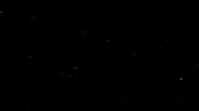 Black screen background overlay with flying pixelated dot matrix particles loop. Retro gaming 8bit bitmap gradient space backdrop animation. Abstract digital technological noise pattern
