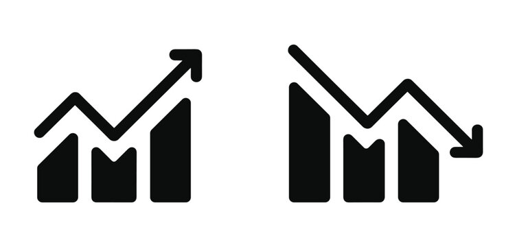 Upward and Downward Trend Graphs. A set of simple, graphic icons representing both upward and downward economic trends, with bars and arrows indicating growth and decline.