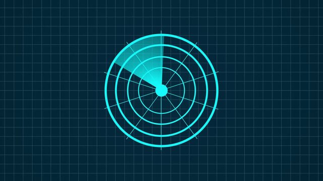 Cyan radar display animation sweeps a glowing beam across a grid. High tech target tracking telemetry guides the radar display. Cyber surveillance monitors the active radar display.