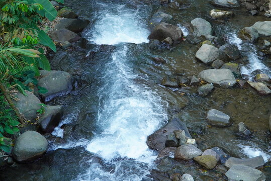 Clear water rushes over smooth stones. Ripples splash as stream tumbles downward. Green leaves frame the rushing current. Rocks line the streambed, worn by time