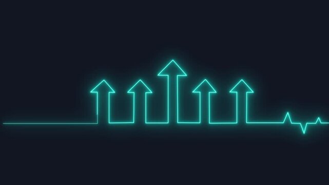 Teal neon line graph animation combines rising arrows and pulse lines. Medical healthcare growth analytics track on the neon line graph. Vital economic progress metrics drive the line graph.