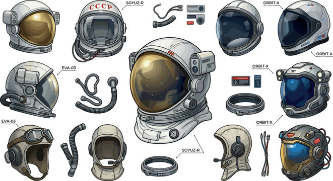 Sci-Fi Astronaut Helmet and Space Suit Equipment Concept Vector Set Featuring Retro Soyuz Orbit Cosmic Gear and Technical Hardware for Video Game Assets