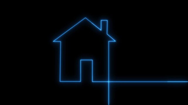 Blue neon house outline animation displays a horizontal baseline on dark. Smart residential real estate graphics feature this house outline. Modern home property design uses the house outline.