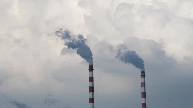 Tall chimneys of the power plant billowing thick smoke