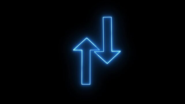 Neon blue up and down arrows animation moves with glowing light rays. Market financial fluctuation metrics track on the arrows animation. Dynamic directional telemetry drives the blue arrows.
