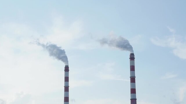 Tall chimneys of the power plant billowing thick smoke