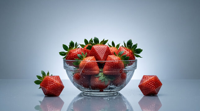 Surreal Still Life of Octahedron Geometric Strawberries in a Glass Bowl