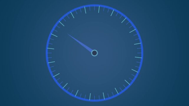 Blue analog clock dial animation turns with a single hand on dark. Precise time tracking telemetry routes across clock dial. Minimalist schedules run on this blue analog clock dial.