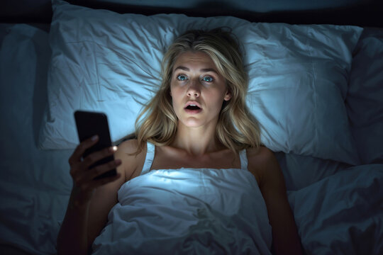 Stressed female lies in bed, holding glowing phone. Her wide eyes show shock or fear. Blue light casts shadows across her face. She wears white sheets, under dim room light