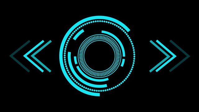 Cyan HUD circle animation rotates with directional chevron arrows. Target tracking telemetry coordinates guide the cyan HUD circle. Modern sci-fi screen displays monitor on this HUD circle.