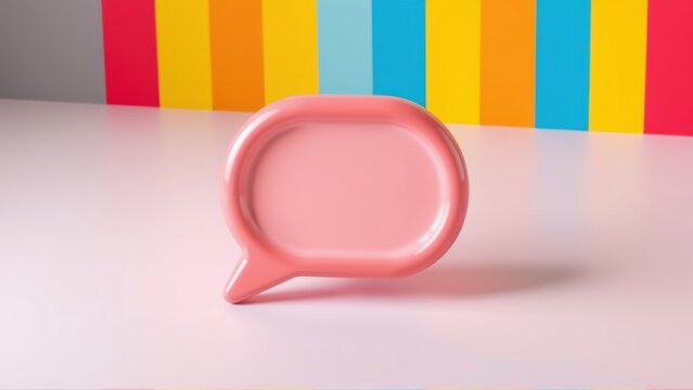 Pink speech bubble rests upon pale surface. Colorful stripes form backdrop. Minimalist studio shot, clean aesthetic. Simple composition.