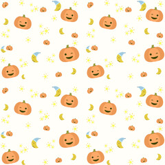 Obraz premium Cute Halloween cartoon character watercolor hand drawn on dark background seamless pattern. Perfect decorative design for fabric, wallpaper, wrapping, illustration, greeting, card, poster, background