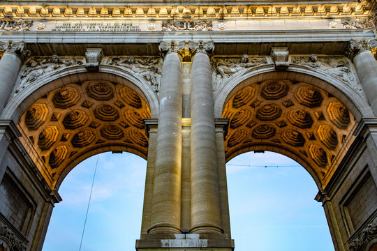 View of the ornate stone columns and coffered ceilings of the historic Cinquantenaire Arch in Brussels, Brussels, Belgium.