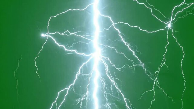 Intense lightning bolt strike overlay on green screen, voltage electric discharge effect for vfx compositing