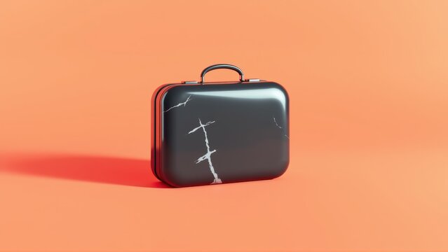 Dark briefcase rests upon orange surface. Visible cracks mar exterior, suggesting damage or age. Minimalist composition, strong contrast.