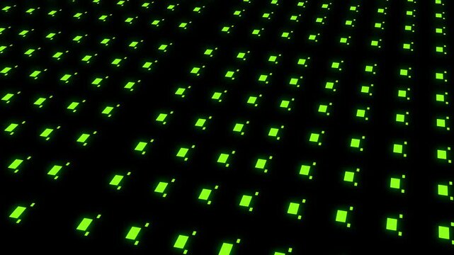 Pattern of green squares animation glows with matrix blocks. Digital cyber perspective lines shift across pattern of squares. High tech abstract motion fills this pattern of green squares.