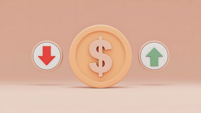 Dollar coin with upward and downward arrows representing financial market changes
