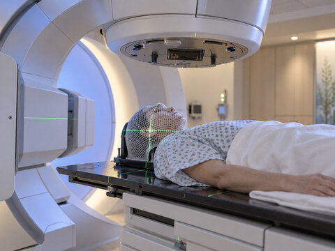 AI generated patient receiving precision radiotherapy immobilization mask laser alignment linear accelerator modern oncology treatment room
