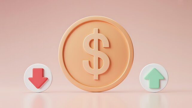 Dollar coin with upward and downward arrows representing financial market changes
