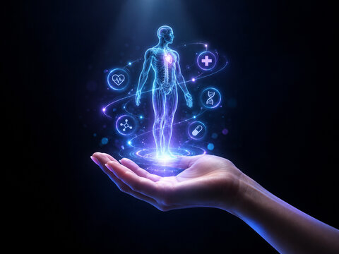 AI generated human anatomy hologram floating above hand medical icons DNA heartbeat digital health symbols representing futuristic healthcare diagnostics innovation