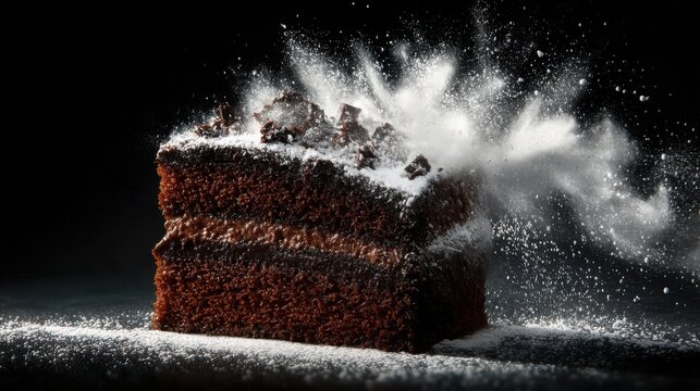extreme macro high speed photography of powdered sugar exploding from a freshly sliced chocolate cake, white sugar cloud surrounding rich dark cake