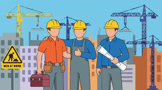Construction workers team at building site with cranes and city skyline
