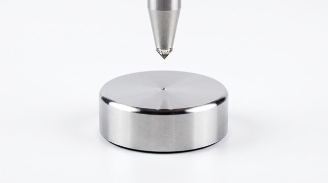 Metal hardness testing indenter with diamond tip and sample block