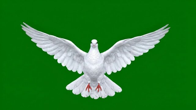 White dove flying with flapping wings on green screen, isolated bird for compositing, peace and freedom symbolism