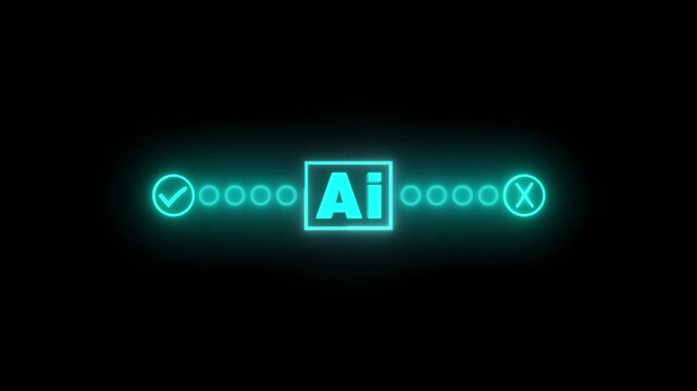 Neon AI logo animation displays checkmark and cross decision icons. Artificial intelligence computing verifies through the AI logo. Machine learning choices guide this active neon AI logo.