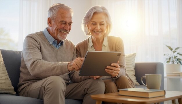 Senior couple using tablet at home.
