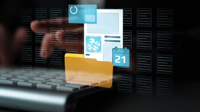 Modern Digital Workspace with Hands on Keyboard and Floating File Icons Representing Document Management and Organization in a Tech-Savvy Environment. Entropy.