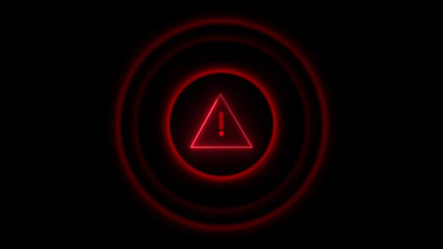 Warning triangle animation pulses with red neon rings on black. Critical hazard alerts trigger on this warning triangle. Emergency security notifications flash across warning triangle.