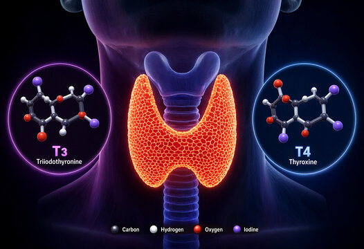 Human thyroid gland producing triiodothyronine and thyroxine hormones illustration