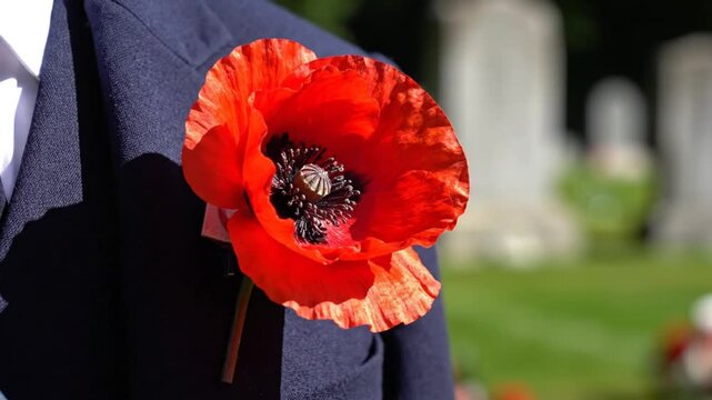 Closeup of a vibrant red poppy pinned to a navy blue jacket in front of a blurred cemetery background