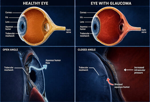 Medical illustration comparing healthy eye and glaucoma affected eye anatomy