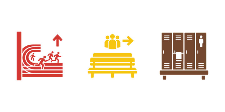 School sports facility and locker room location vector icon set
