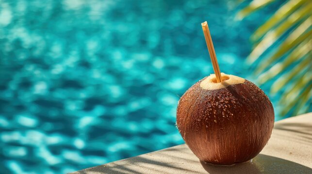 fresh young coconut with a small wooden straw placed beside a luxurious turquoise swimming pool, crystal water droplets covering the coconut shell