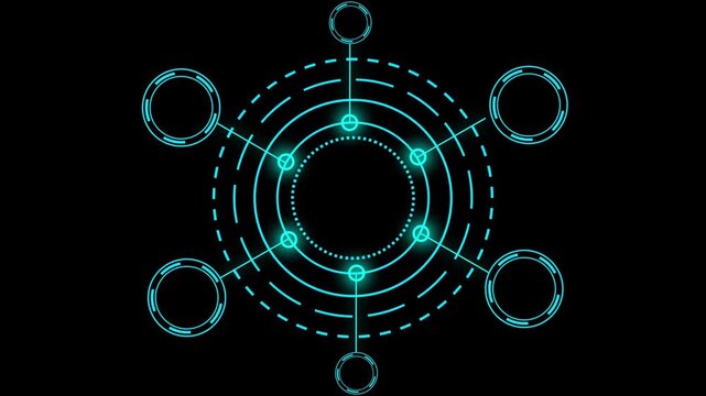 Circular HUD element animation radiates cyan lines and nodes. Radar target telemetry coordinates guide the HUD element. Cyber surveillance systems monitor this circular HUD element.