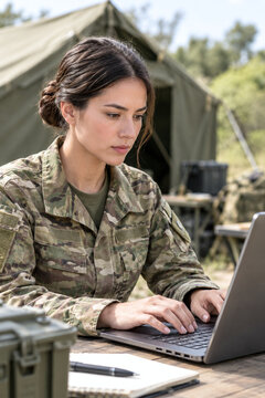 Focused Female Soldier Typing on Laptop at Military Base. Concept of Military Technology, Field Communication and Women in Armed Forces.