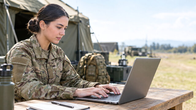Female Soldier Working on Laptop at Outdoor Military Camp. Concept of Military Technology, Field Operations and Women in Armed Forces.