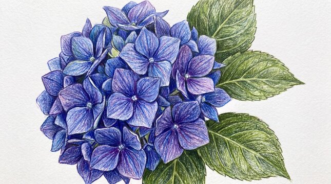 Hand drawn colored pencil illustration of blue hydrangea flower with green leaves on white background